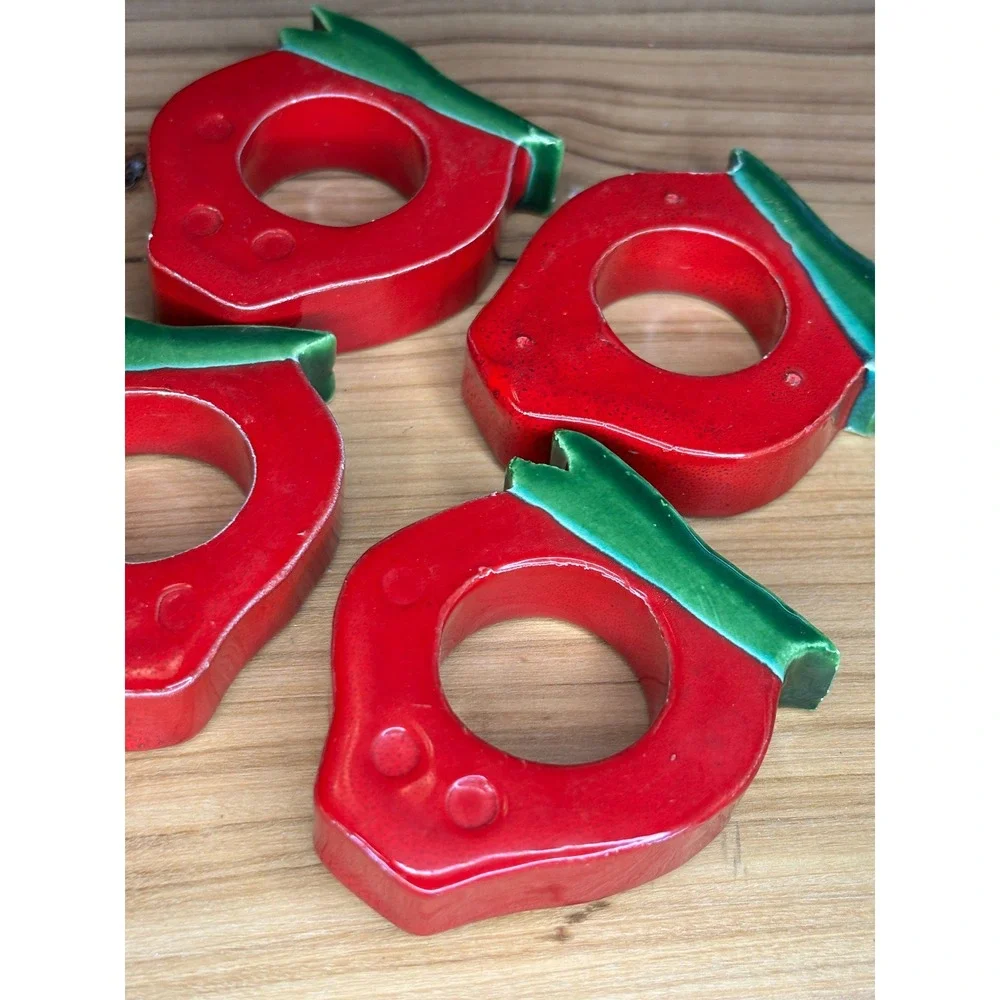 Vintage Ceramic Strawberry Napkin Rings Red Green Fruit Table Decor Set of 4